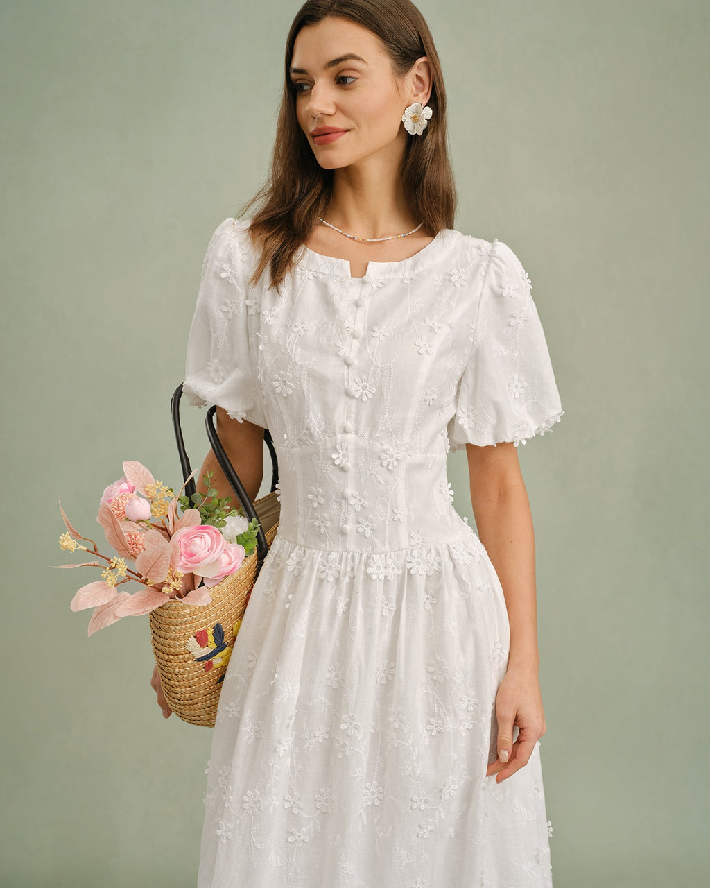 White Round Neck Floral Midi Dress