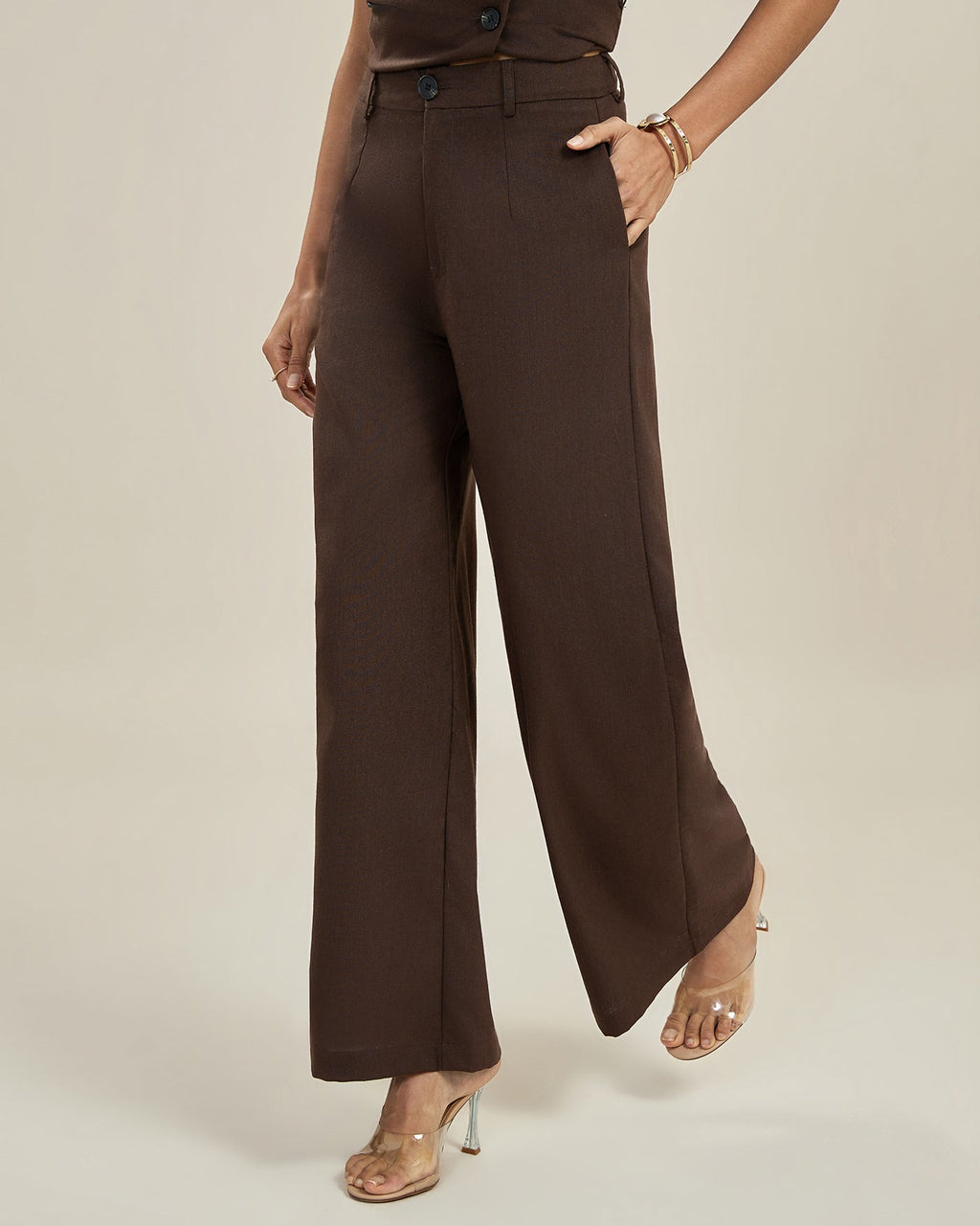 Coffee Button Pocket Casual Pants