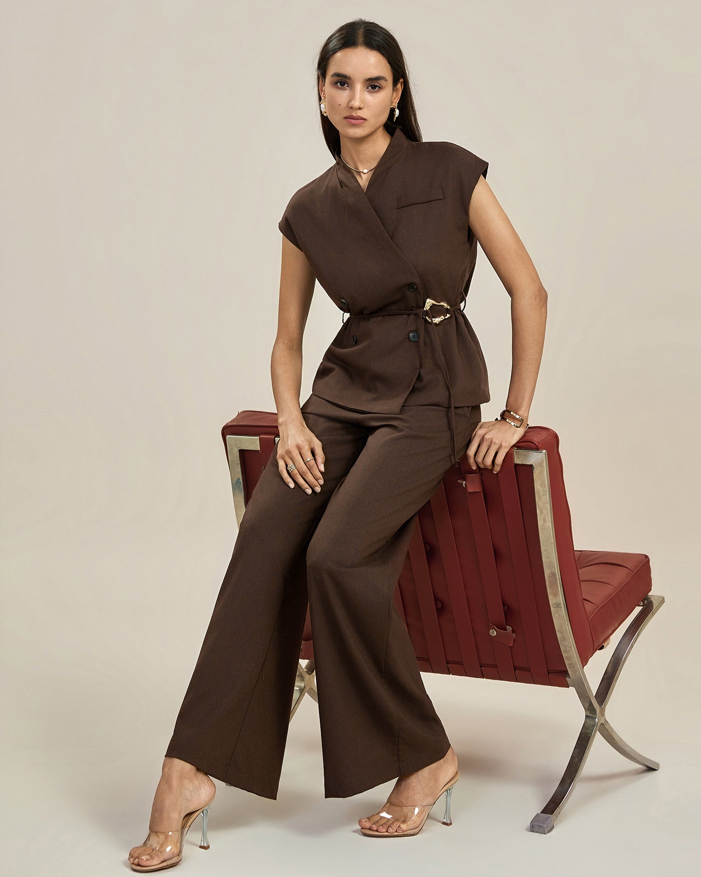 Coffee Button Pocket Casual Pants