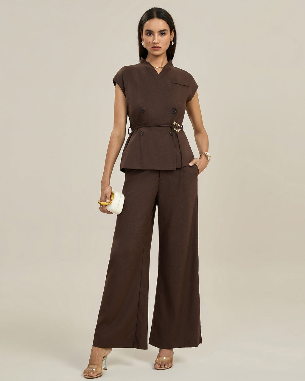 Coffee Button Belt Vest